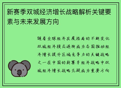 新赛季双城经济增长战略解析关键要素与未来发展方向